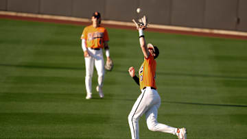 Oklahoma State outfielder Nolan Schubart (10) catches the ball for an out in the third inning of a college Bedlam baseball game between the University of Oklahoma Sooners (OU) and the Oklahoma State University Cowboys (OSU) at O'Brate Stadium in Stillwater, Okla., Tuesday, April 15, 2025.