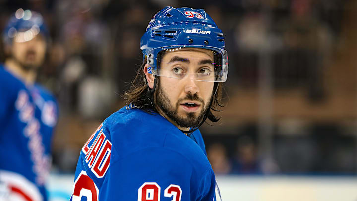 Mar 22, 2025; New York, New York, USA; New York Rangers center Mika Zibanejad (93) skates against the Vancouver Canucks during the third period at Madison Square Garden. Mandatory Credit: Danny Wild-Imagn Images