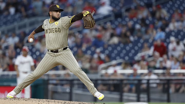 Jul 23, 2024; Washington, District of Columbia, USA; San Diego Padres pitcher Randy Vasquez (98) pitches against the Washington Nationals during the fifth inning at Nationals Park. Mandatory Credit: Geoff Burke-Imagn Images