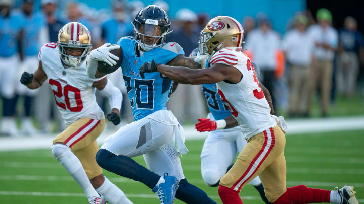 Tennessee Titans running back Tony Pollard (20) runs after a catch during their first preseason game of the 2024-25 season at Nissan Stadium Saturday, Aug. 10, 2024.