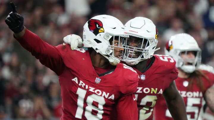 Arizona Cardinals linebacker BJ Ojulari (18) celebrates his defensive stop with teammate Victor Dimukeje during their game against the Atlanta Falcons at State Farm Stadium on Nov. 12, 2023, in Glendale.