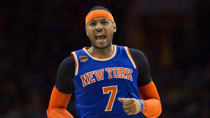 Jan 11, 2017; Philadelphia, PA, USA; New York Knicks forward Carmelo Anthony (7) reacts after the shot clock winds down during the second half against the Philadelphia 76ers at Wells Fargo Center. The Philadelphia 76ers won 98-97. Mandatory Credit: Bill Streicher-Imagn Images