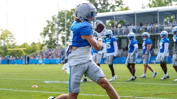 Detroit Lions wide receiver Isaac Teslaa (18) practices during training camp at Meijer Performance Center in Allen Park on Monday, August 10, 2026.