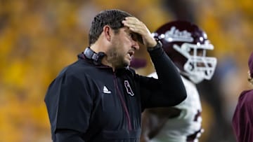 Sep 7, 2024; Tempe, Arizona, USA; Mississippi State Bulldogs head coach Jeff Lebby reacts against the Arizona State Sun Devils in the first half at Mountain America Stadium. Mandatory Credit: Mark J. Rebilas-Imagn Images