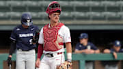 Feb 28, 2025; Stanford, CA, USA; Stanford Cardinal catcher Charlie Saum (21) during the third inning against the Xavier Musketeers at Sunken Diamond. Mandatory Credit: Darren Yamashita-Imagn Images