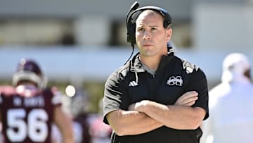 Oct 7, 2023; Starkville, Mississippi, USA; Mississippi State Bulldogs head coach Zach Arnett looks on during the first quarter of the game against the Western Michigan Broncos at Davis Wade Stadium at Scott Field. Mandatory Credit: Matt Bush-Imagn Images