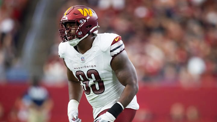 Sep 29, 2024; Glendale, Arizona, USA; Washington Commanders defensive tackle Jonathan Allen (93) against the Arizona Cardinals at State Farm Stadium. Mandatory Credit: Mark J. Rebilas-Imagn Images