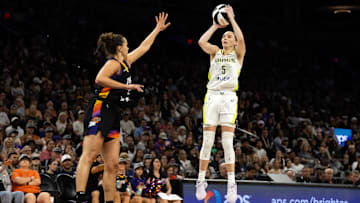Jun 11, 2025; Phoenix, Arizona, USA; Dallas Wings guard Paige Bueckers (5) against the Phoenix Mercury in the second half at PHX Arena. Mandatory Credit: Mark J. Rebilas-Imagn Images