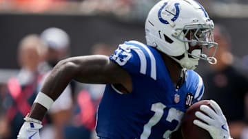 Indianapolis Colts wide receiver Laquon Treadwell (13) makes a catch and runs in for a touchdown Saturday, Aug. 23, 2025, during a game against the Cincinnati Bengals at Paycor Stadium in Cincinnati.