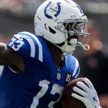 Indianapolis Colts wide receiver Laquon Treadwell (13) makes a catch and runs in for a touchdown Saturday, Aug. 23, 2025, during a game against the Cincinnati Bengals at Paycor Stadium in Cincinnati.