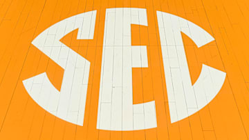 Jan 4, 2020; Knoxville, Tennessee, USA; SEC logo on the court at Thompson-Boling Arena before a game between the Tennessee Volunteers and LSU Tigers. Mandatory Credit: Bryan Lynn-Imagn Images