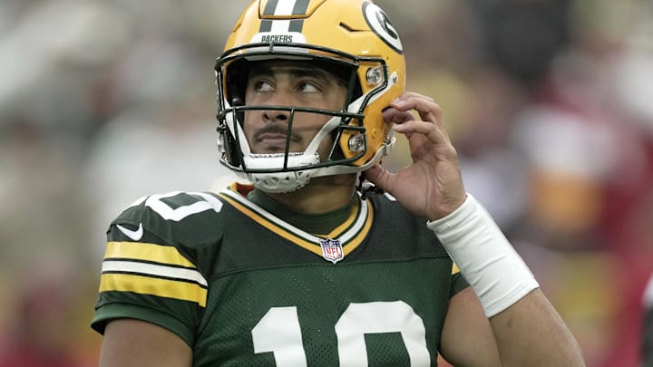 Green Bay Packers quarterback Jordan Love (10) reacts after throwing an interception in the second quarter against the Arizona Cardinals at Lambeau Field.