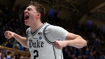 Jan 11, 2025; Durham, North Carolina, USA;  Duke Blue Devils forward Cooper Flagg (2)reacts during the second half against the Notre Dame Fighting Irish at Cameron Indoor Stadium. Mandatory Credit: Rob Kinnan-Imagn Images