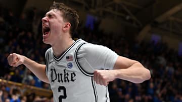 Jan 11, 2025; Durham, North Carolina, USA;  Duke Blue Devils forward Cooper Flagg (2)reacts during the second half against the Notre Dame Fighting Irish at Cameron Indoor Stadium. Mandatory Credit: Rob Kinnan-Imagn Images
