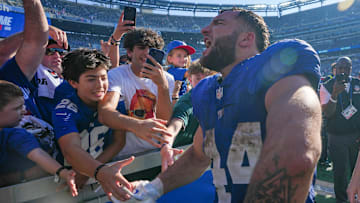 New York Giants running back Cam Skattebo (44) shouts after defeating the Los Angeles Chargers at MetLife Stadium, Sep 28, 2025, East Rutherford, NJ, USA.
