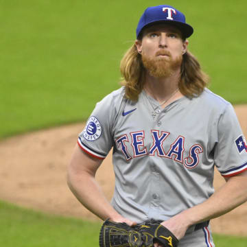 Aug 24, 2024; Cleveland, Ohio, USA; Texas Rangers starting pitcher Jon Gray (22) walks off the mound at the end of the second inning against the Cleveland Guardians at Progressive Field. Mandatory Credit: David Richard-Imagn Images