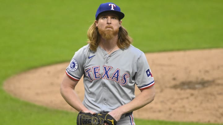 Aug 24, 2024; Cleveland, Ohio, USA; Texas Rangers starting pitcher Jon Gray (22) walks off the mound at the end of the second inning against the Cleveland Guardians at Progressive Field. Mandatory Credit: David Richard-Imagn Images