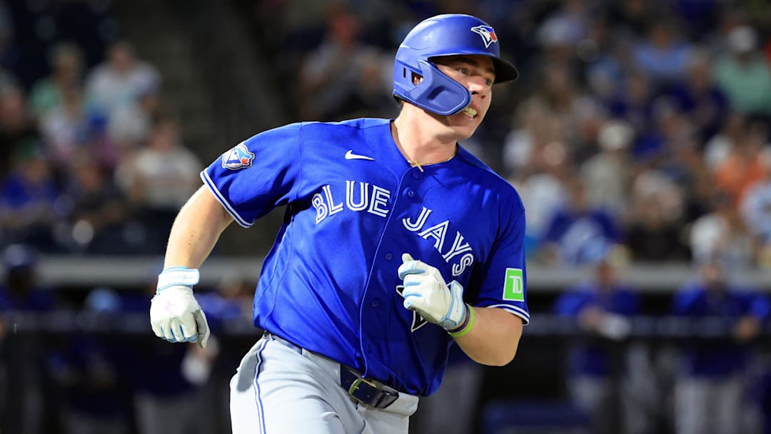 Mar 11, 2026; Tampa, Florida, USA;  Toronto Blue Jays infielder Sean Keys (89) singles during the fifth inning against the New York Yankees at George M. Steinbrenner Field. Mandatory Credit: Kim Klement Neitzel-Imagn Images