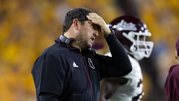 Sep 7, 2024; Tempe, Arizona, USA; Mississippi State Bulldogs head coach Jeff Lebby reacts against the Arizona State Sun Devils in the first half at Mountain America Stadium. Mandatory Credit: Mark J. Rebilas-Imagn Images