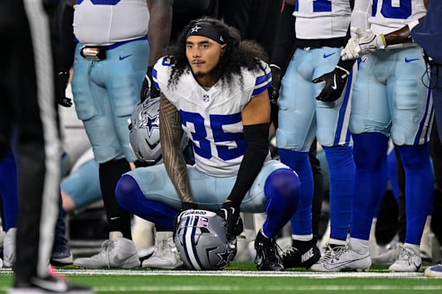 Dallas Cowboys linebacker Marist Liufau looks on from the sidelines during the game against the Green Bay Packers.