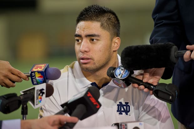Notre Dame Fighting Irish linebacker Manti Te'o answers questions at the Notre Dame BCS national championship media day.