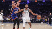Mar 23, 2024; New York, New York, USA;  Brooklyn Nets forward Mikal Bridges (1) looks to drive past