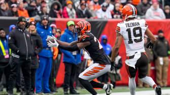Cincinnati Bengals safety Jordan Battle (27) intercepts a pass intended for Cleveland Browns wide