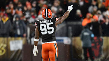 Nov 21, 2024; Cleveland, Ohio, USA; Cleveland Browns defensive end Myles Garrett (95) celebrates after a sack during the first quarter against the Pittsburgh Steelers at Huntington Bank Field. Mandatory Credit: Ken Blaze-Imagn Images