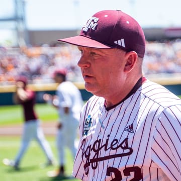 Jun 23, 2024; Omaha, NE, USA; Texas A&M Aggies head coach Jim Schlossnagle before game 2 of the College Baseball World Series against the Tennessee Volunteers at Charles Schwab Field Omaha. Mandatory Credit: Dylan Widger-USA TODAY Sports