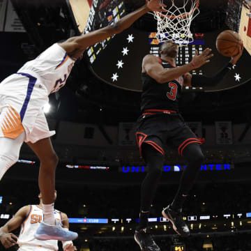 Feb 22, 2020; Chicago, Illinois, USA; Chicago Bulls guard Shaquille Harrison (3) goes to the basket against the Phoenix Suns during the second half at United Center. Mandatory Credit: David Banks-USA TODAY Sports