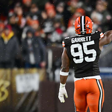 Nov 21, 2024; Cleveland, Ohio, USA; Cleveland Browns defensive end Myles Garrett (95) celebrates after a sack during the first quarter against the Pittsburgh Steelers at Huntington Bank Field. Mandatory Credit: Ken Blaze-Imagn Images