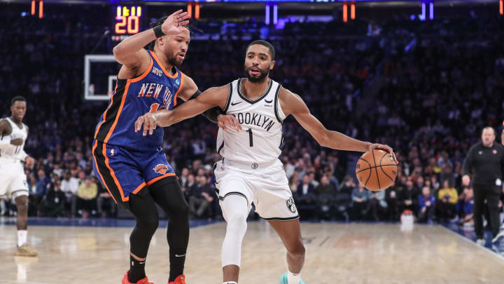 Mar 23, 2024; New York, New York, USA;  Brooklyn Nets forward Mikal Bridges (1) looks to drive past New York Knicks guard Jalen Brunson (11) in the first quarter at Madison Square Garden. Mandatory Credit: Wendell Cruz-USA TODAY Sports