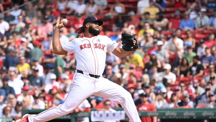 Jun 2, 2024; Boston, Massachusetts, USA;  Boston Red Sox pitcher Kenley Jansen (74) pitches against the Detroit Tigers during the ninth inning at Fenway Park. Mandatory Credit: Eric Canha-USA TODAY Sports