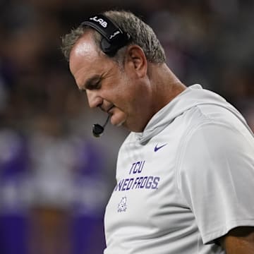 Oct 4, 2025; Fort Worth, Texas, USA; TCU Horned Frogs head coach Sonny Dykes on the sidelines during the second half of game against the Colorado Buffaloes at Amon G. Carter Stadium. Mandatory Credit: Raymond Carlin III-Imagn Images