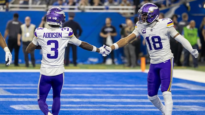 Jan 7, 2024; Detroit, Michigan, USA; Minnesota Vikings wide receiver Jordan Addison (3) catches a pass for a touchdown and celebrates with wide receiver Justin Jefferson (18) during second half of the game against the Detroit Lions at Ford Field.