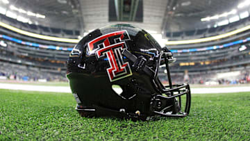 Nov 25, 2016; Arlington, TX, USA;  A Texas Tech Red Raiders helmet sits on the field at AT&T Stadium before the game between the Red Raiders and the Baylor Bears. Mandatory Credit: Michael C. Johnson-Imagn Images