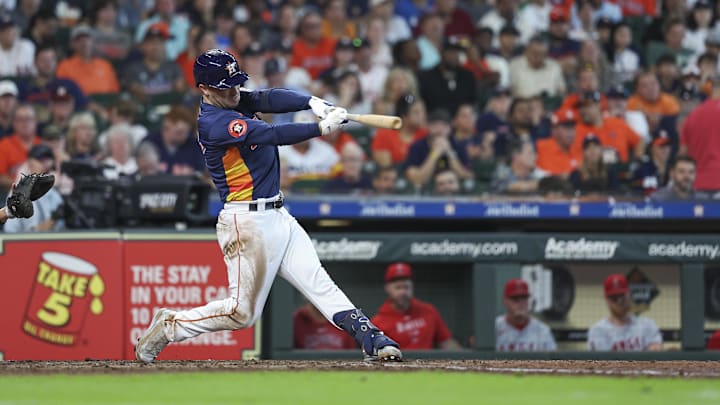 Sep 22, 2024; Houston, Texas, USA; Houston Astros third baseman Alex Bregman (2) hits a home run during the fifth inning against the Los Angeles Angels at Minute Maid Park. Mandatory Credit: Troy Taormina-Imagn Images Sep 22, 2024; Houston, Texas, USA; Houston Astros third baseman Alex Bregman (2) hits a home run during the fifth inning against the Los Angeles Angels at Minute Maid Park. Mandatory Credit: Troy Taormina-Imagn Images