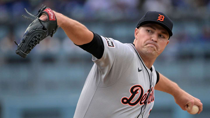 Mar 27, 2025; Los Angeles, California, USA; Detroit Tigers pitcher Tarik Skubal (29) throws a pitch against the Los Angeles Dodgers in the first inning at Dodger Stadium. Mandatory Credit: Jayne Kamin-Oncea-Imagn Images