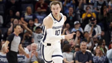Apr 4, 2023; Memphis, Tennessee, USA; Memphis Grizzlies guard Luke Kennard (10) reacts after a three point basket during the first half against the Portland Trail Blazers at FedExForum. Mandatory Credit: Petre Thomas-USA TODAY Sports