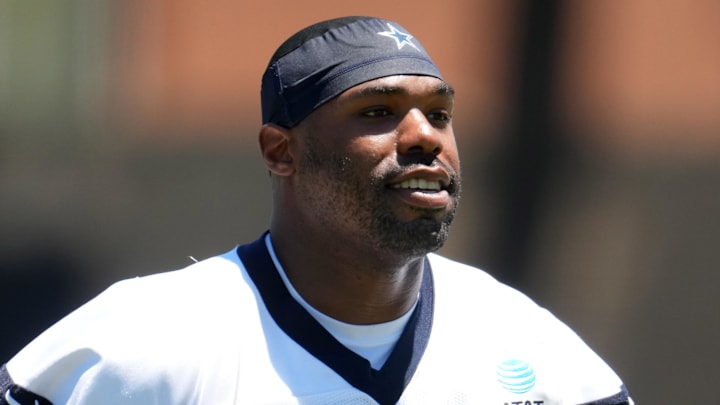 Jul 27, 2023; Oxnard, CA, USA; Dallas Cowboys tackle Tyron Smith (77) during training camp at Marriott Residence Inn-River Ridge Playing Fields. Mandatory Credit: Kirby Lee-Imagn Images Jul 27, 2023; Oxnard, CA, USA; Dallas Cowboys tackle Tyron Smith (77) during training camp at Marriott Residence Inn-River Ridge Playing Fields. Mandatory Credit: Kirby Lee-Imagn Images