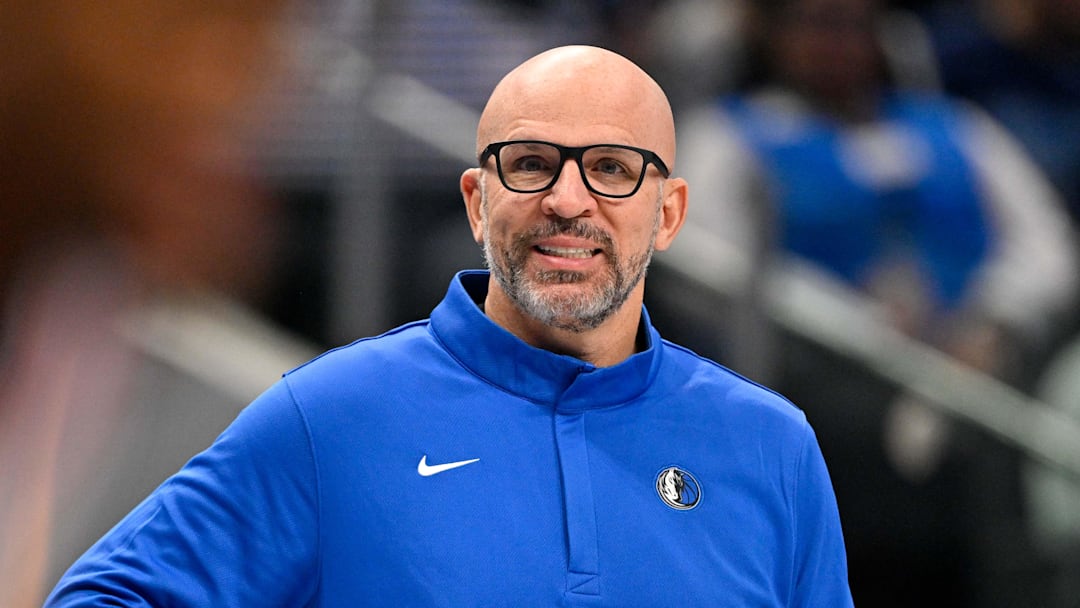 Jan 1, 2026; Dallas, Texas, USA; Dallas Mavericks head coach Jason Kidd looks on during the game between the Mavericks and the 76ers at American Airlines Center. Mandatory Credit: Jerome Miron-Imagn Images