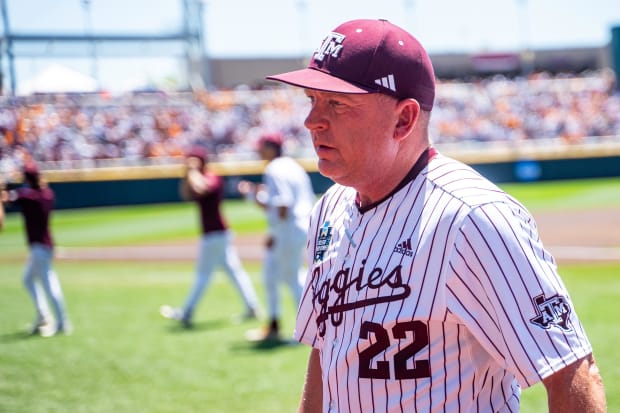 Texas A&M Aggies head coach Jim Schlossnagle before Game 2 of the College Baseball World Series against Tennessee.