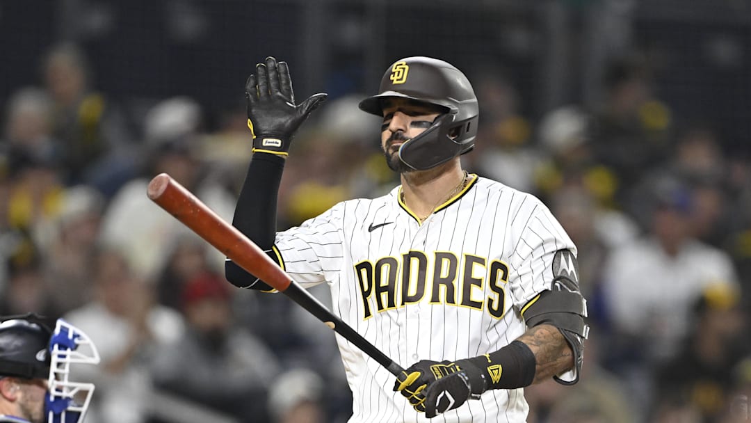 Apr 15, 2026; San Diego, California, USA; San Diego Padres right fielder Nick Castellanos reacts after striking out during the ninth inning against the Seattle Mariners at Petco Park. All MLB players are wearing number 42 today to honor Jackie Robinson. Mandatory Credit: Denis Poroy-Imagn Images