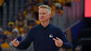 May 10, 2025; San Francisco, California, USA; Golden State Warriors head coach Steve Kerr motions to the team in the second quarter during game three against the Minnesota Timberwolves in the second round for the 2025 NBA Playoffs at Chase Center. Mandatory Credit: David Gonzales-Imagn Images