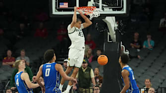 Nov 24, 2025; Las Vegas, Nevada, USA; Baylor Bears guard Cameron Carr (43) follows through on the dunk against the Creighton Bluejays during the second half in a 2025 Players Era Festival group play game at Michelob Ultra Arena. Mandatory Credit: Kirby Lee-Imagn Images