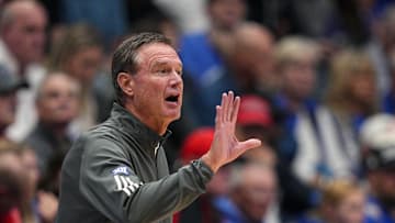 Oct 28, 2025; Lawrence, KS, USA; Kansas Jayhawks head coach Bill Self reacts during the first half against the Fort Hays State Tigers at Allen Fieldhouse. Mandatory Credit: Jay Biggerstaff-Imagn Images