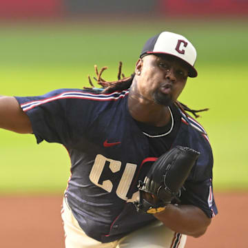 Jun 27, 2025; Cleveland, Ohio, USA; Cleveland Guardians starting pitcher Luis Ortiz (45) delivers a pitch in the first inning against the St. Louis Cardinals at Progressive Field. Mandatory Credit: David Richard-Imagn Images