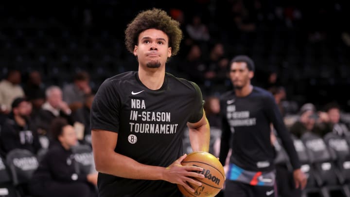 Nov 28, 2023; Brooklyn, New York, USA; Brooklyn Nets forward Cameron Johnson (2) warms up before a game against the Toronto Raptors at Barclays Center. Mandatory Credit: Brad Penner-USA TODAY Sports