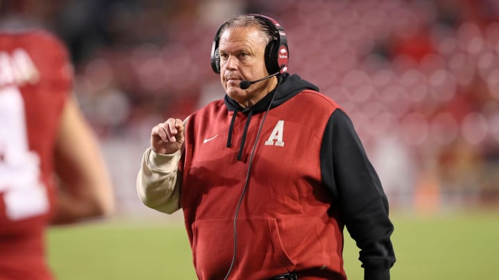 Nov 18, 2023; Fayetteville, Arkansas, USA; Arkansas Razorbacks head coach Sam Pittman during the fourth quarter against the FIU Panthers at Donald W. Reynolds Razorback Stadium. Arkansas won 44-20. Mandatory Credit: Nelson Chenault-USA TODAY Sports