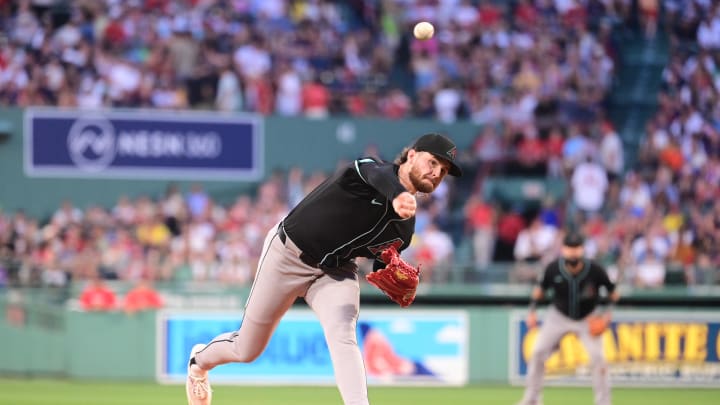 Aug 23, 2024; Boston, Massachusetts, USA; Arizona Diamondbacks starting pitcher Ryne Nelson (19) pitches against the Boston Red Sox during the first inning at Fenway Park. Mandatory Credit: Eric Canha-USA TODAY Sports